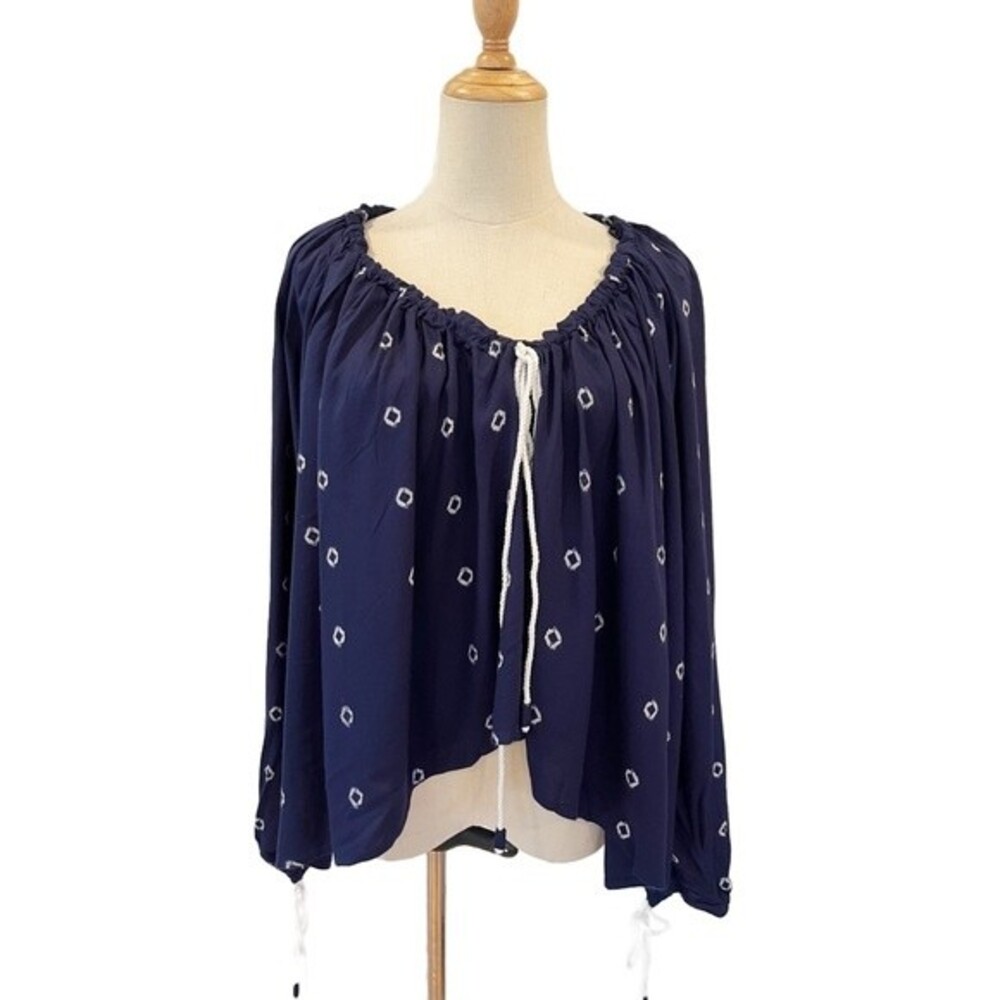 Solito Navy Blue/White Batik Gathered Top Oversized XS Casual Blousy